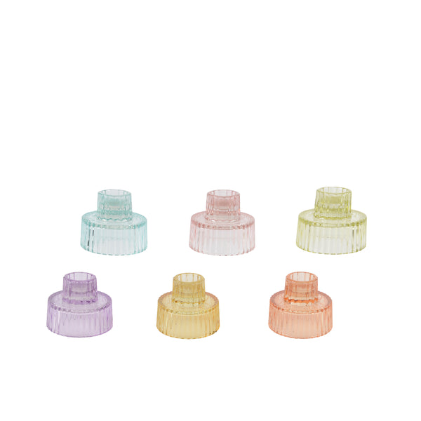 Decoris Tiered Glass Tealight and Taper Candle Holder | Assorted Pastel Colours