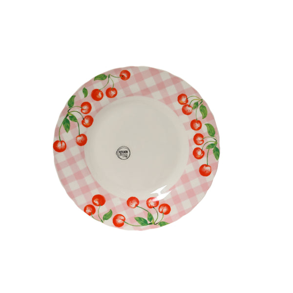 Decoris Porcelain Cherry Dinner Plate | Pink Gingham Rim, Scalloped Edge