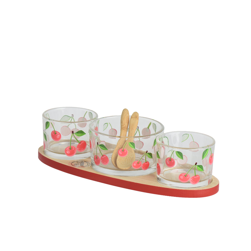 Decoris Cherry Bamboo Tapas Serving Set | Three Glass Bowls, Two Spoons