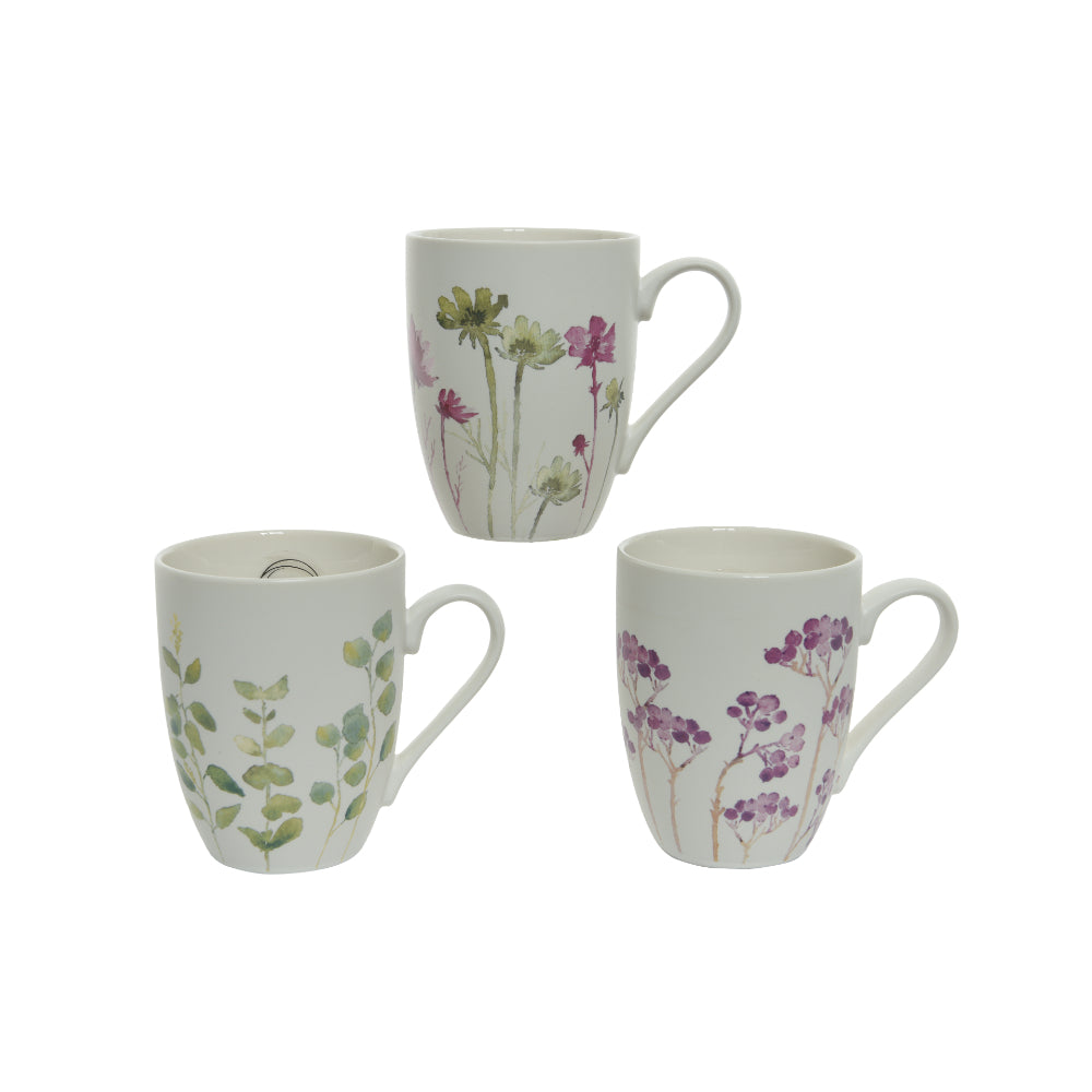 Decoris Porcelain Floral Mug | Assorted Botanical Designs, Pack of 3