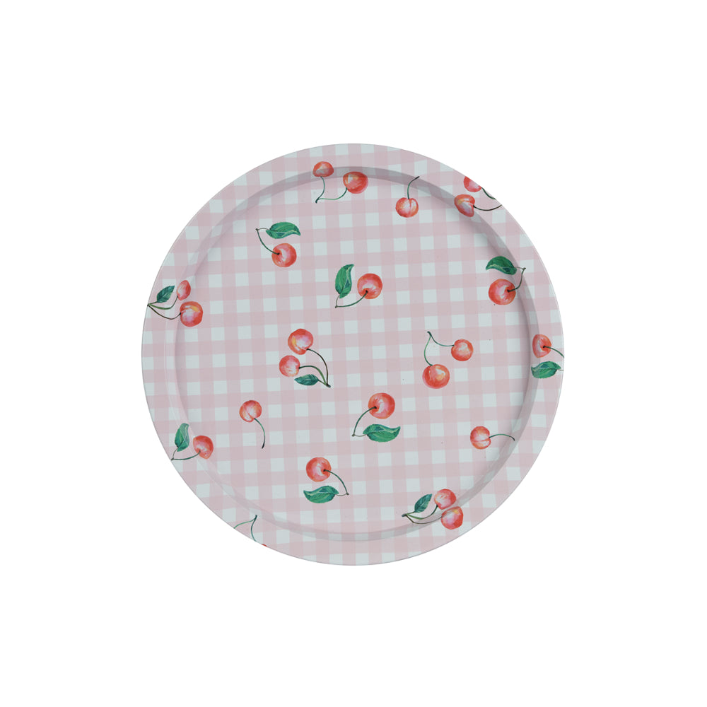 Decoris Cherry Decorative Tin Plate Tray | 32cm, Pink Gingham