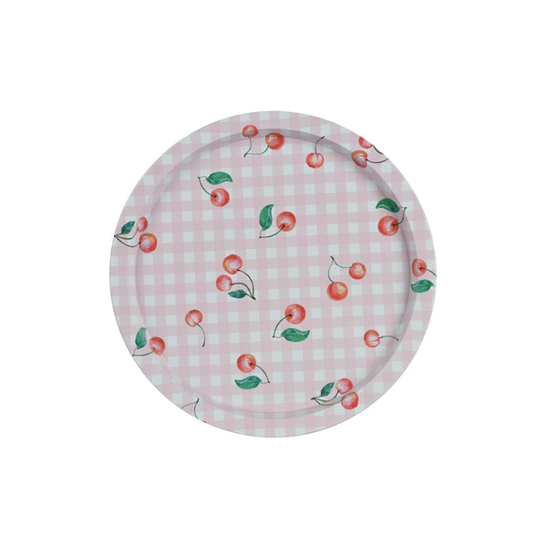 Decoris Cherry Decorative Tin Plate Tray | 32cm, Pink Gingham