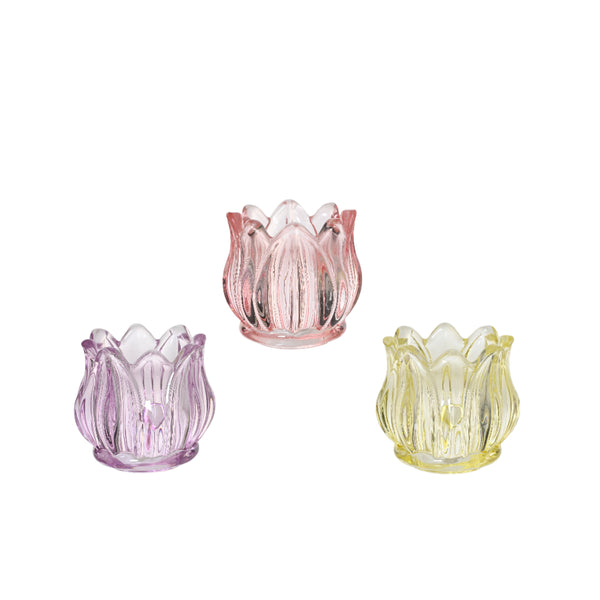 Decoris Tulip Glass Tealight Holder | Assorted Colours, Pack of 3