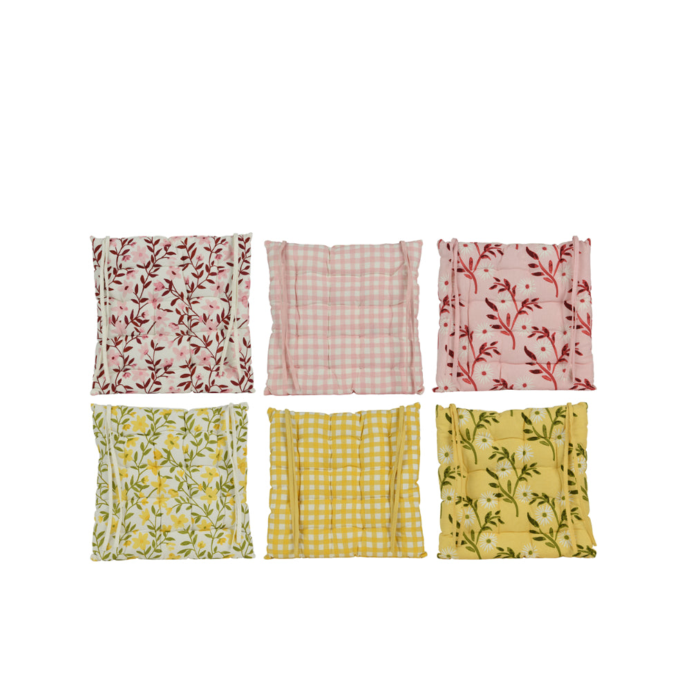 Decoris Floral and Gingham Cotton Seat Cushion | Assorted Designs, Ties