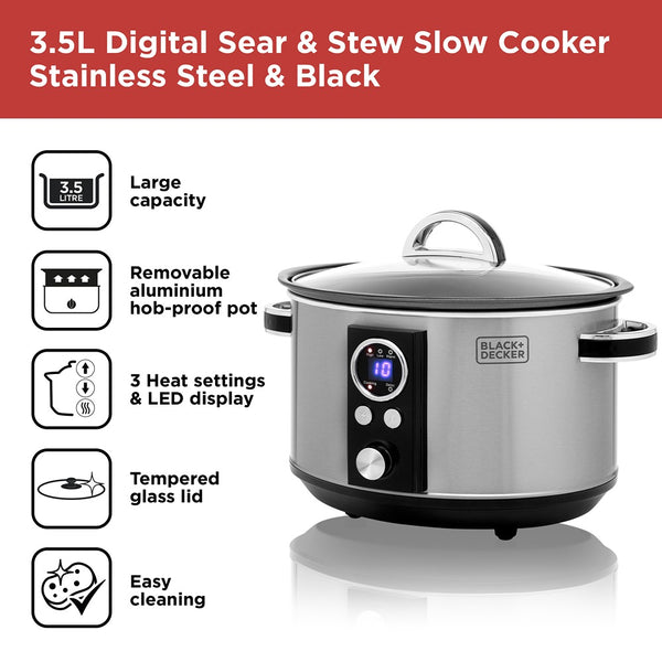 Black + Decker Digital Slow Cooker | 3.5L, Stainless Steel, LED Display