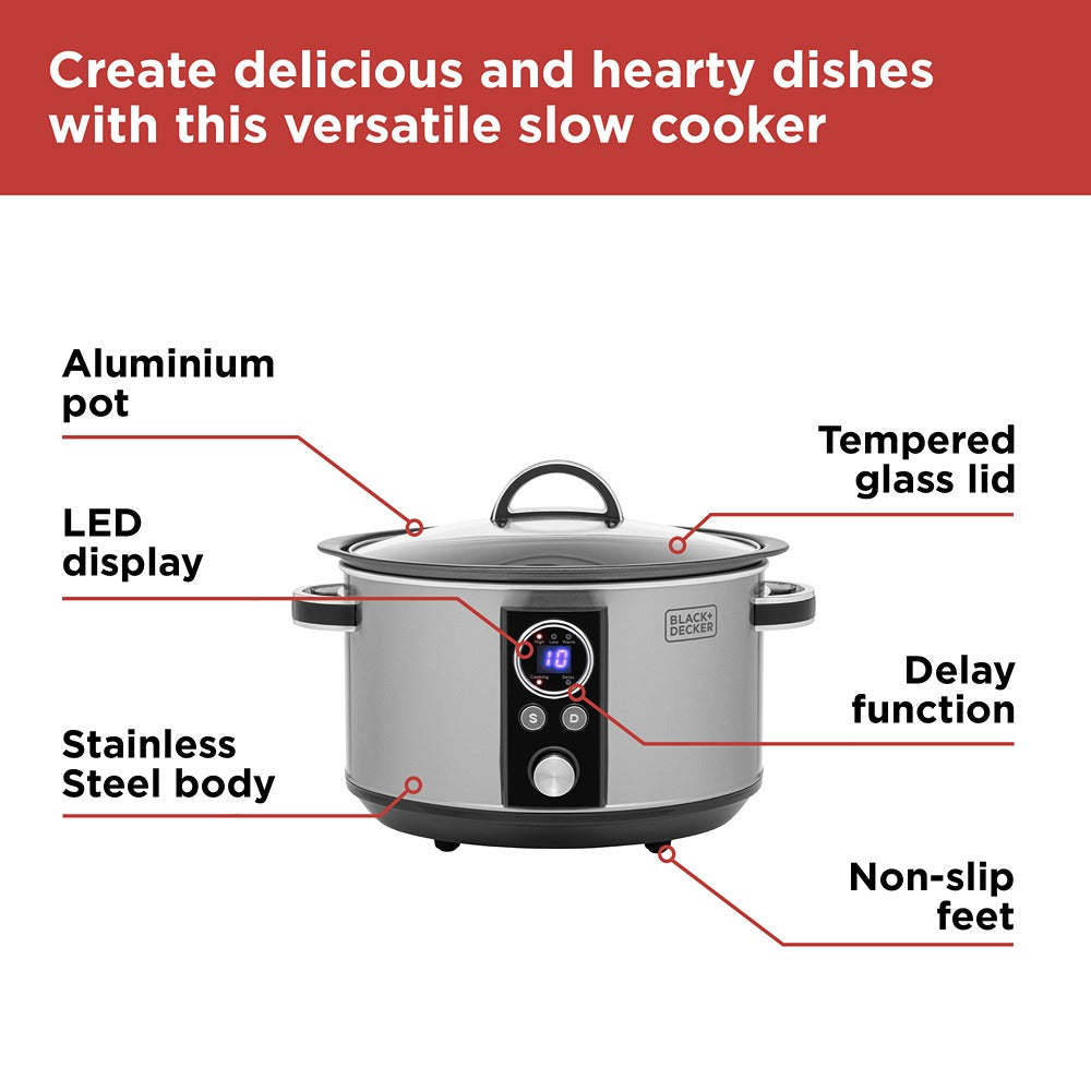 Black + Decker Digital Slow Cooker | 3.5L, Stainless Steel, LED Display