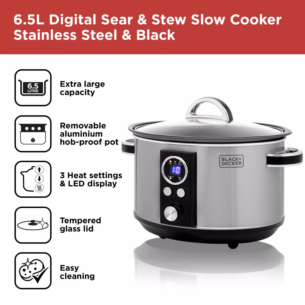 Black + Decker Digital Slow Cooker | 6.5L, Delay Start, Warm Setting