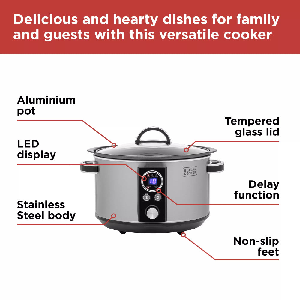 Black + Decker Digital Slow Cooker | 6.5L, Delay Start, Warm Setting