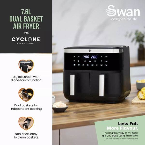Swan Cyclonic Digital Dual Air Fryer | 7.6L, Dual Cooking Zones