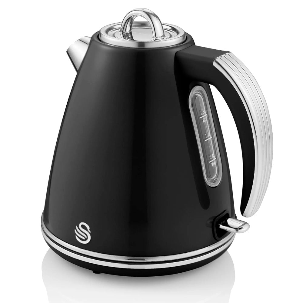 Swan Retro Electric Jug Kettle | 1.5L, Black, Cordless, Chrome Accents