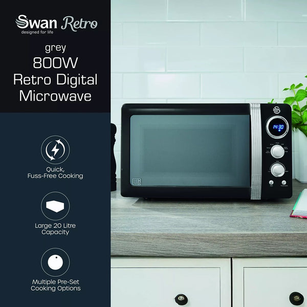 Swan Retro Digital Microwave | 800W, Black Finish