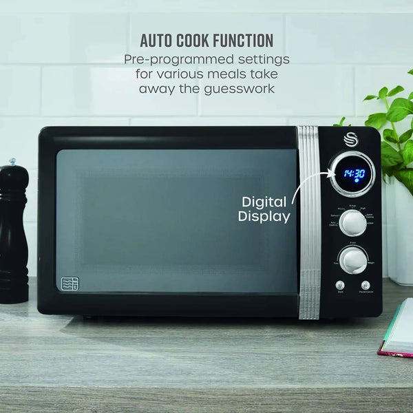 Swan Retro Digital Microwave | 800W, Black Finish