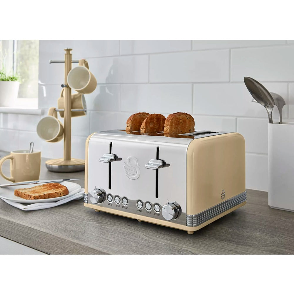 Swan Retro Cream 4 Slice Toaster | Dual Controls, Variable Browning
