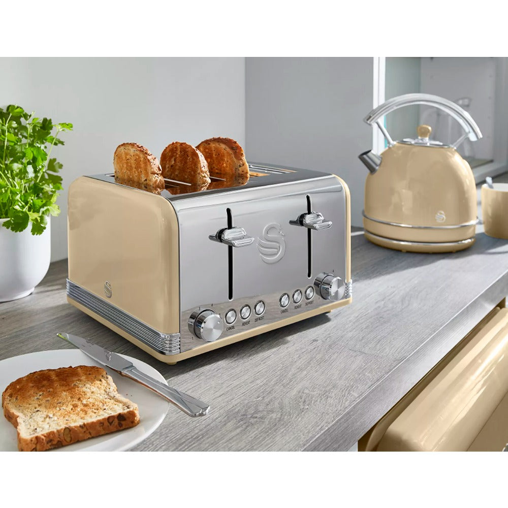 Swan Retro Cream 4 Slice Toaster | Dual Controls, Variable Browning