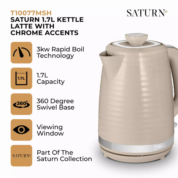 Tower Saturn Chrome Latte Kettle | 1.7L, Ribbed Body Design, Neutral Colour