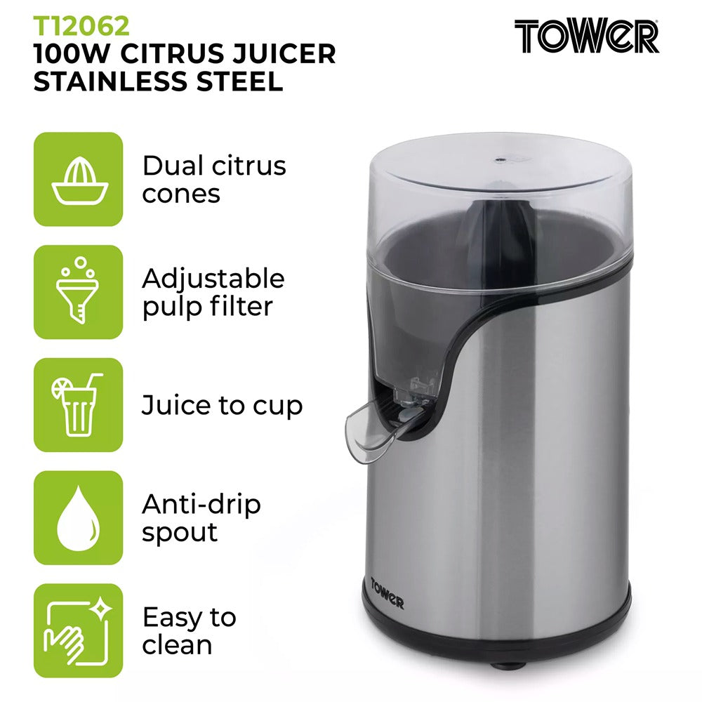 Tower Stainless Steel Electric Citrus Juicer | 100W, One-Touch Cone