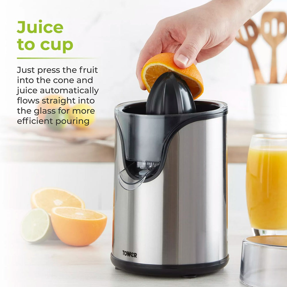 Tower Stainless Steel Electric Citrus Juicer | 100W, One-Touch Cone