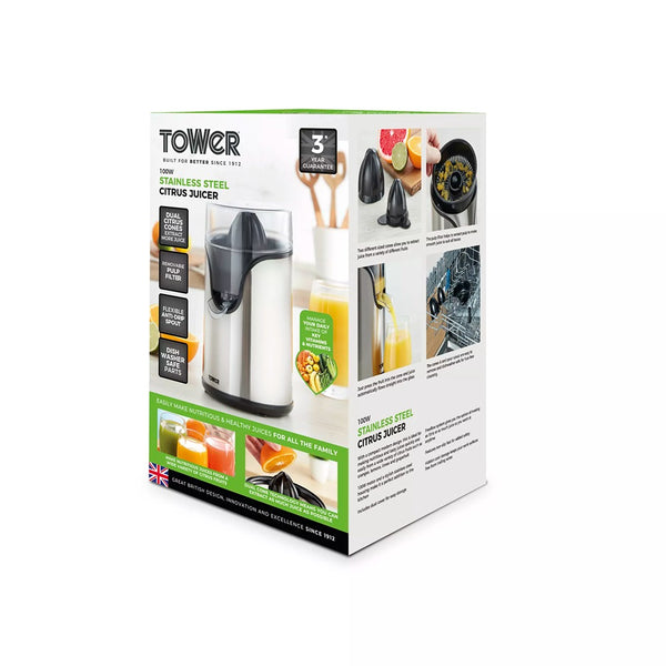 Tower Stainless Steel Electric Citrus Juicer | 100W, One-Touch Cone
