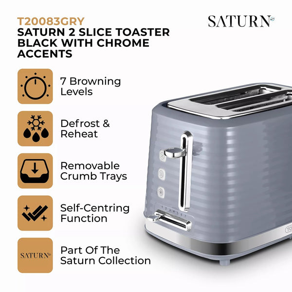Tower Saturn Grey 2 Slice Toaster | Defrost, Reheat, Wide Slots