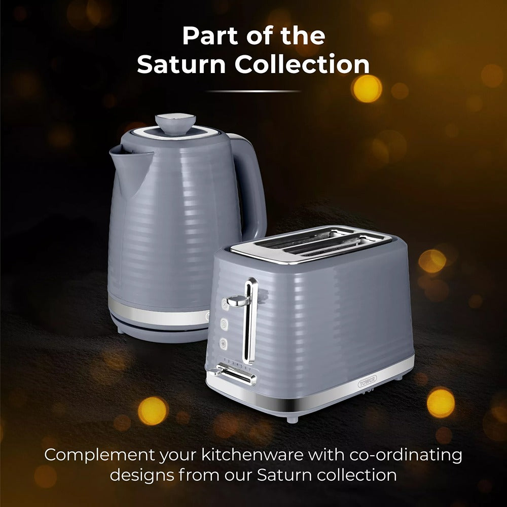 Tower Saturn Grey 2 Slice Toaster | Defrost, Reheat, Wide Slots