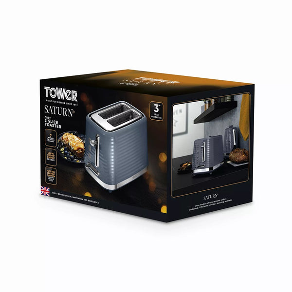 Tower Saturn Grey 2 Slice Toaster | Defrost, Reheat, Wide Slots