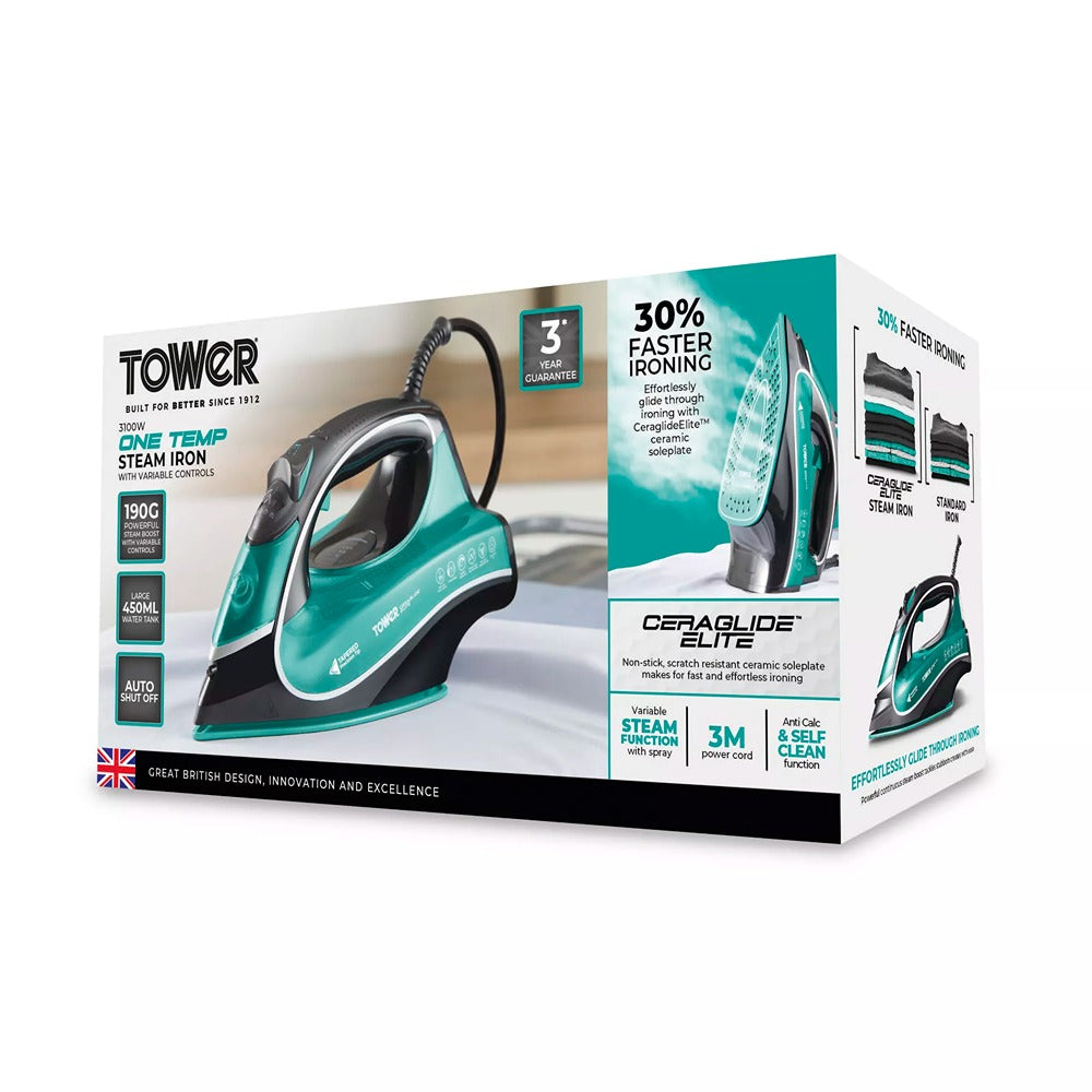 Tower Ceraglide 1 Temp Steam Iron | 3100W, Anti-Calc, Anti-Drip, Teal and Black