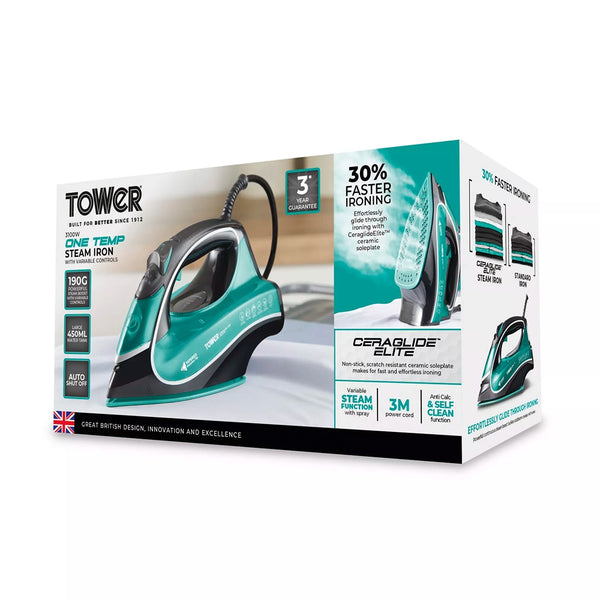 Tower Ceraglide 1 Temp Steam Iron | 3100W, Anti-Calc, Anti-Drip, Teal and Black