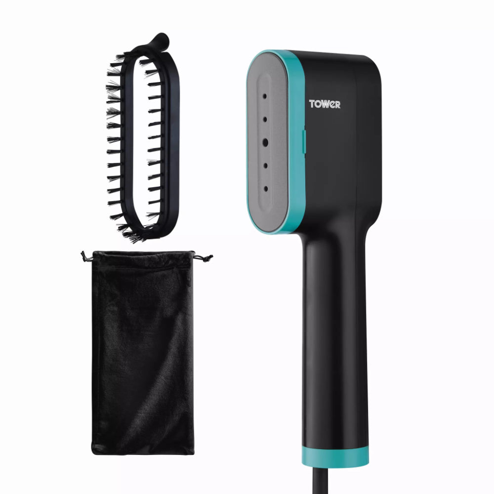Tower Handheld Garment Steamer | Black and Teal, Brush Attachment