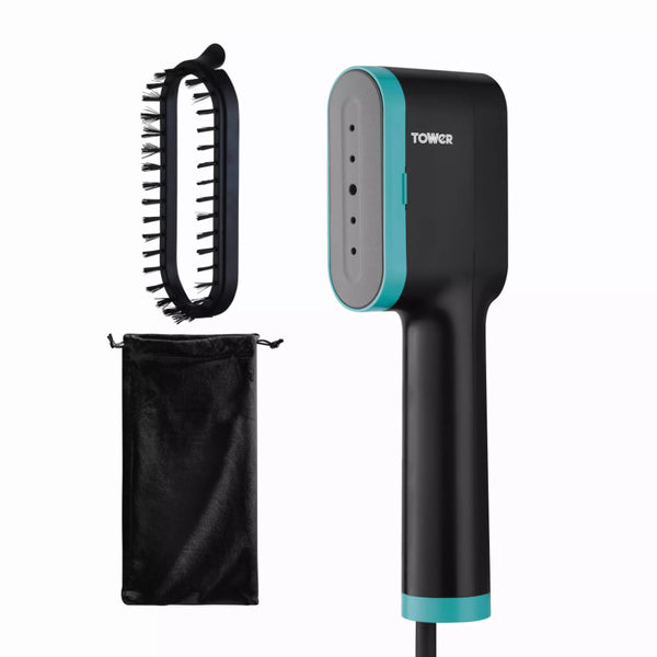 Tower Handheld Garment Steamer | Black and Teal, Brush Attachment