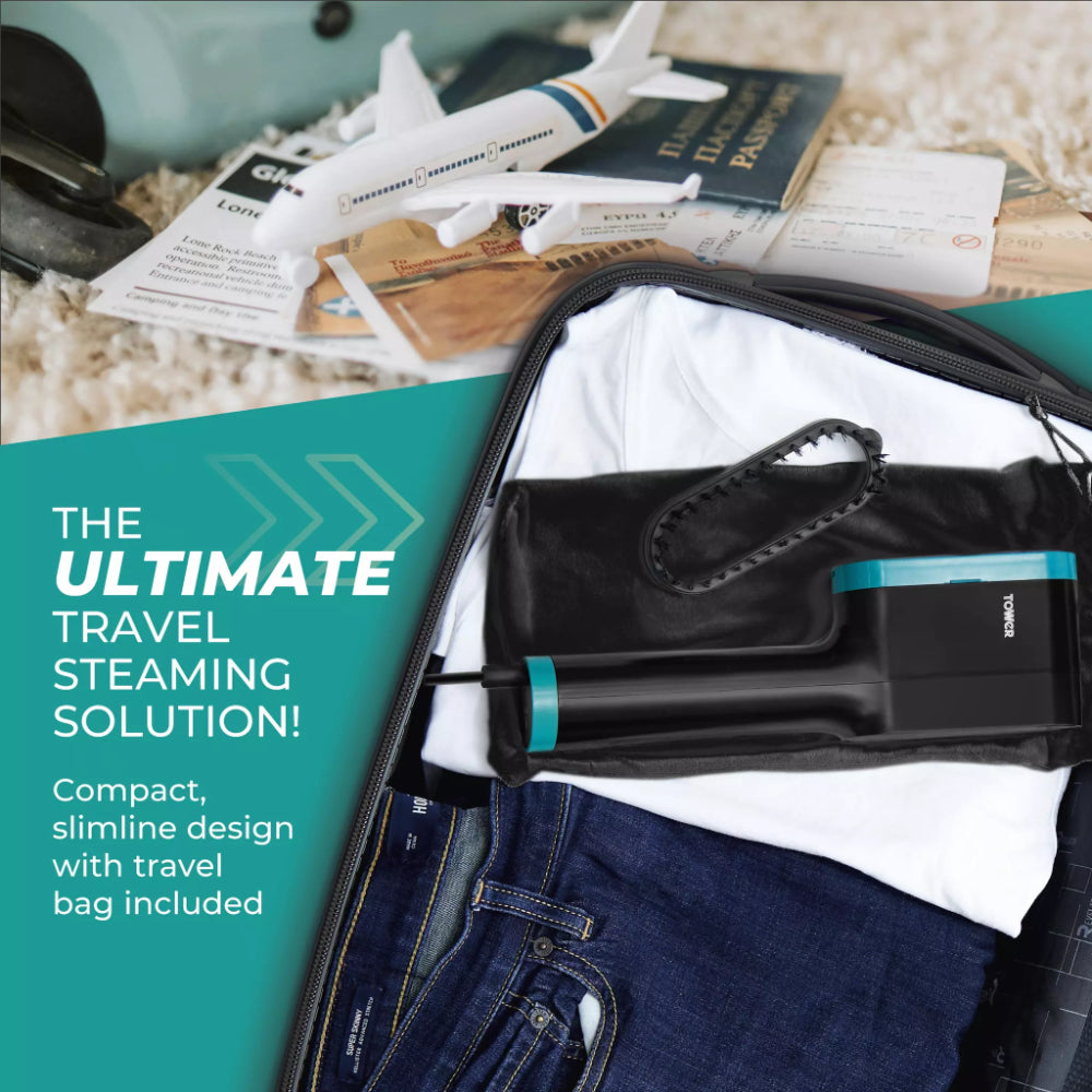 Tower Handheld Garment Steamer | Black and Teal, Brush Attachment