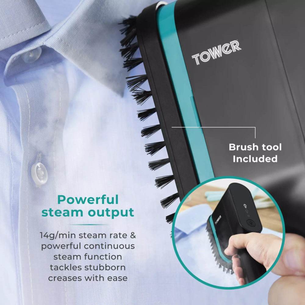 Tower Handheld Garment Steamer | Black and Teal, Brush Attachment