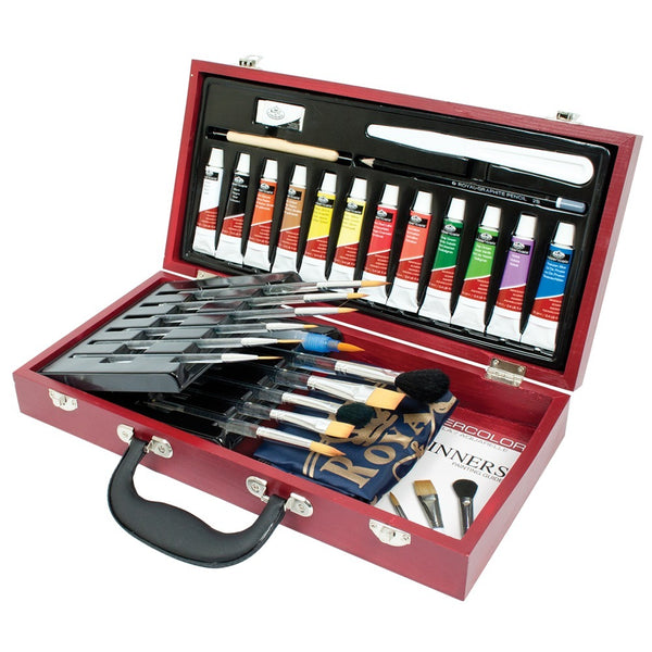 Royal & Langnickel Watercolour Wooden Box Set | Rounds, Flats, Filberts and Fan
