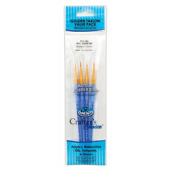 Royal & Langnickel Gold Taklon Detail Brush Set | Pack of 4, 10/0–0, Rubber Grip