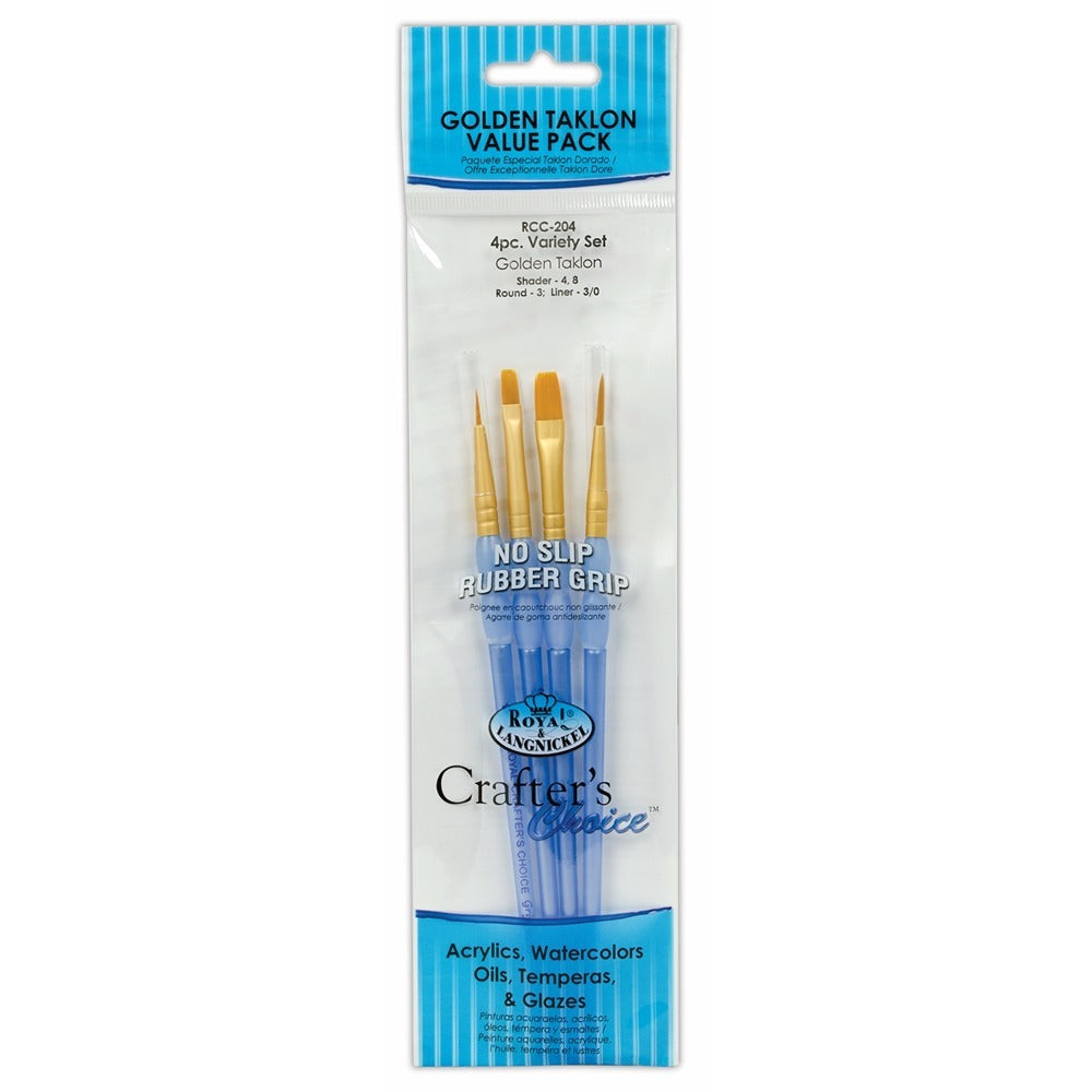 Royal & Langnickel Gold Taklon Brush Pack of 4 | Rubber Grip Round/Liner/Shader