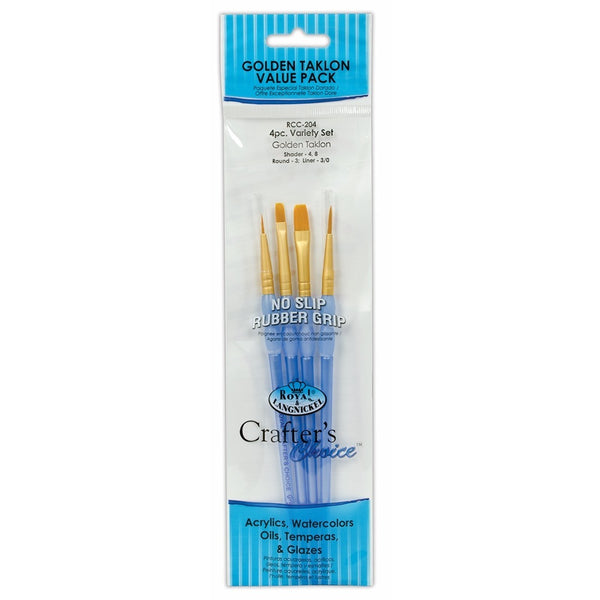 Royal & Langnickel Gold Taklon Brush Pack of 4 | Rubber Grip Round/Liner/Shader