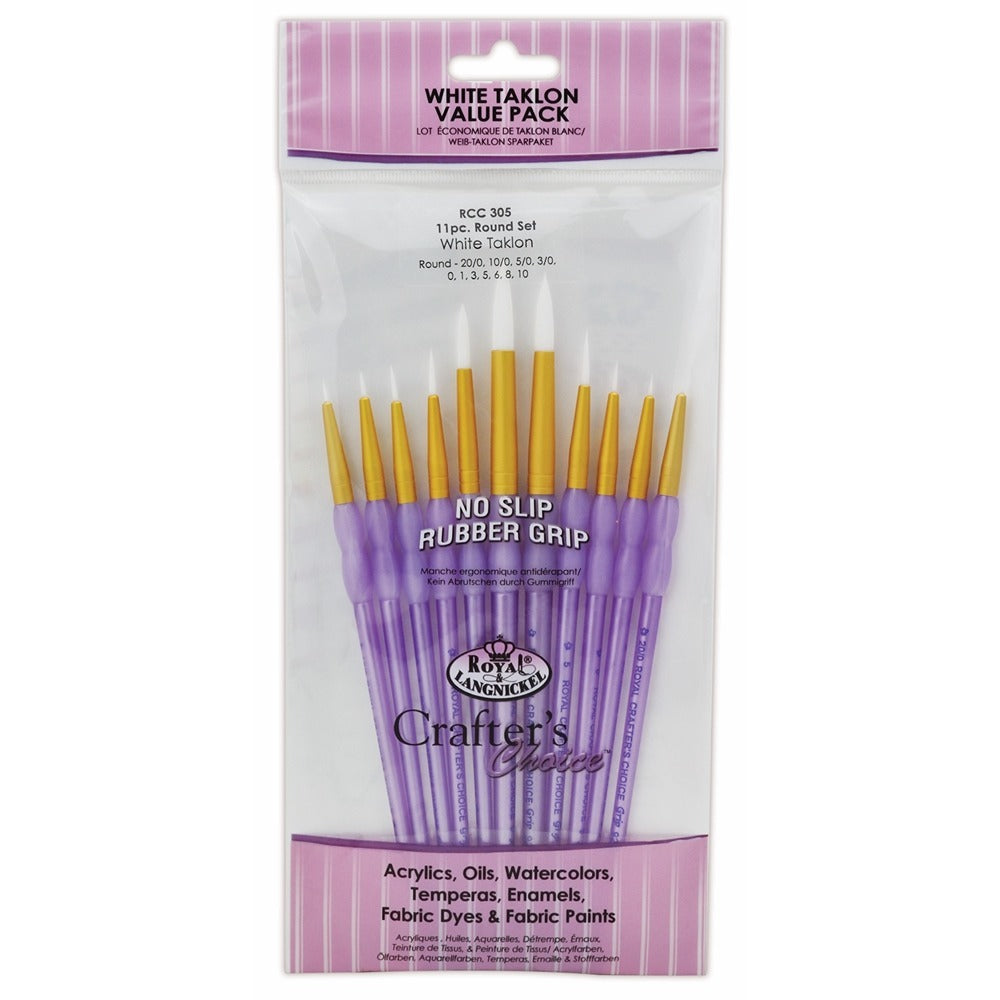 Royal & Langnickel White Round Brush Value Set | Taklon Sizes 20/0–10, Rubber Grip