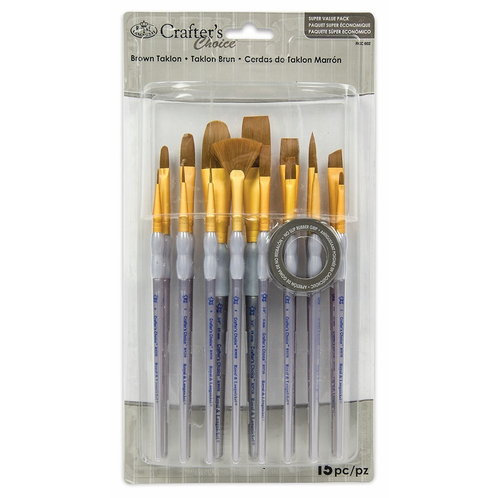 Royal & Langnickel Brown Taklon Value Brush Set | Assorted Shapes, Non-Slip Grip