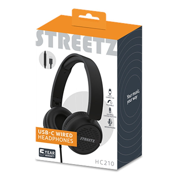 Streetz Black USB-C On-Ear Headphones | Foldable, Adjustable Headband