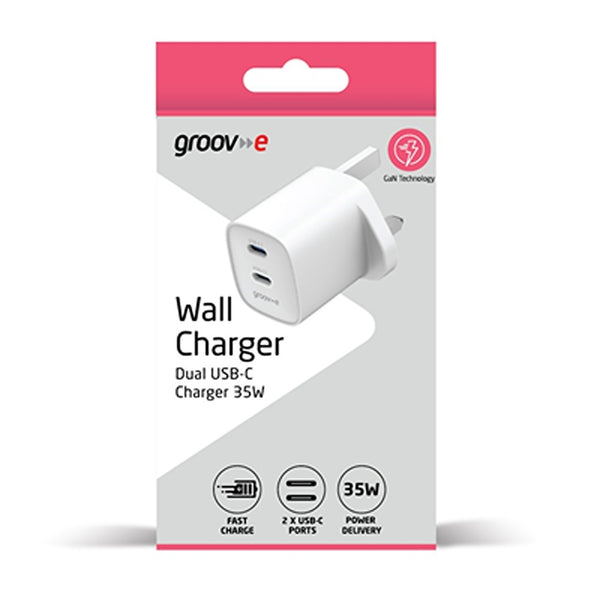 Groov-e 2 x USB-C 35W Mains Charger | Dual Ports, Smart Power, Fast Charge
