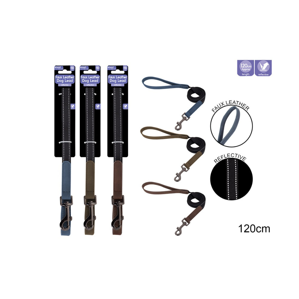 Smart Choice Faux Leather Reflective Dog Lead | 120cm, Assorted Colours