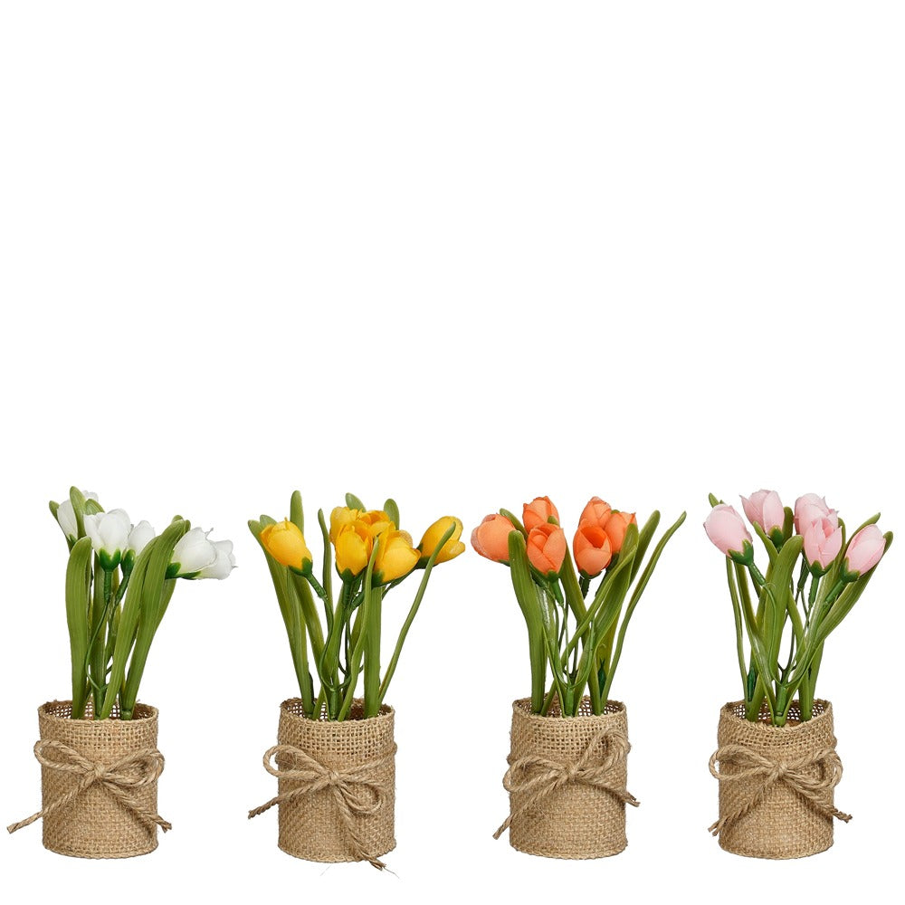 Assorted Potted Artificial Tulip Decoration | 4 Colours, Burlap Pot