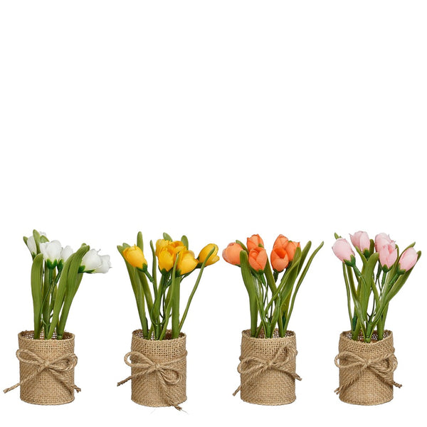 Assorted Potted Artificial Tulip Decoration | 4 Colours, Burlap Pot