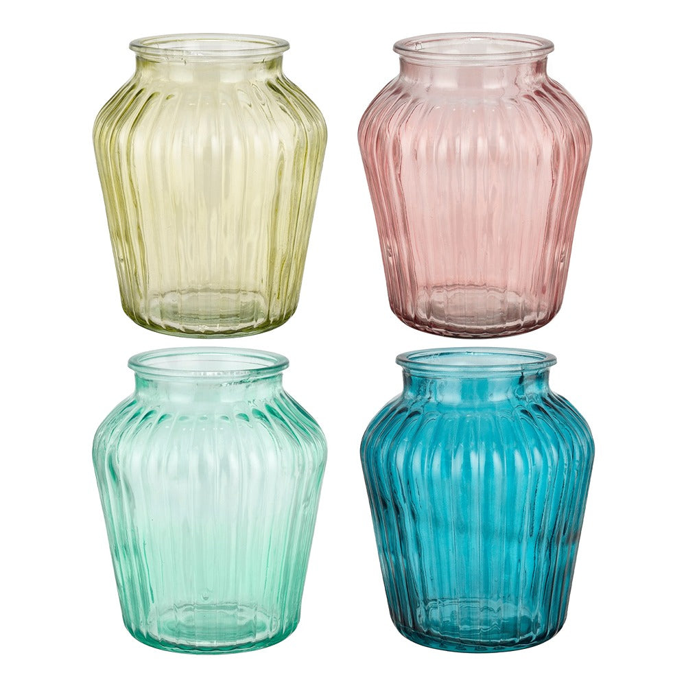 Francis Ribbed Glass Vase | Four Assorted Colours, Rounded Jar Design