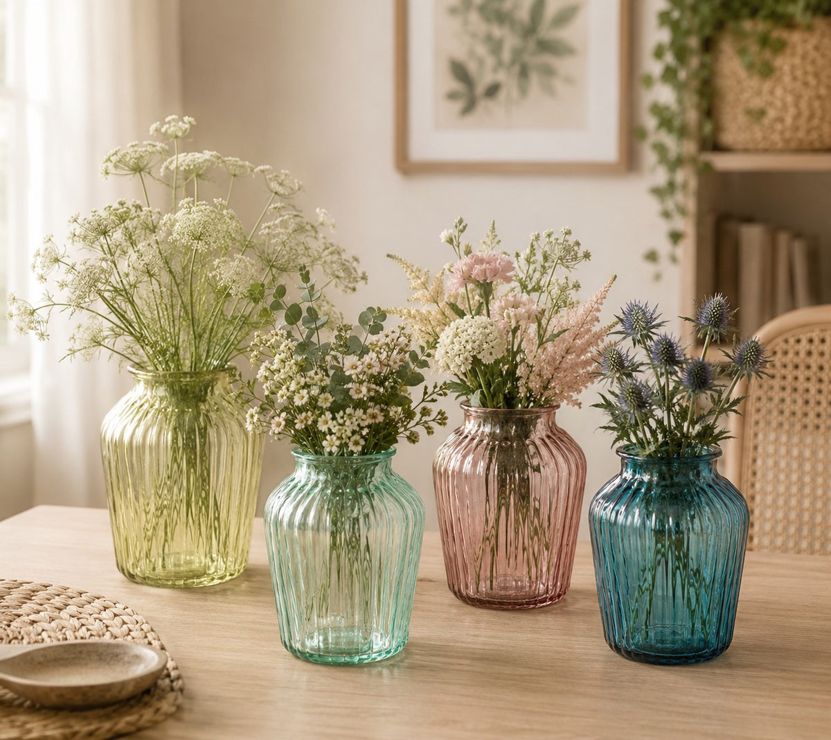Francis Ribbed Glass Vase | Four Assorted Colours, Rounded Jar Design