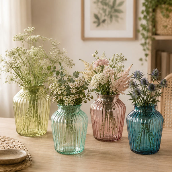 Francis Ribbed Glass Vase | Four Assorted Colours, Rounded Jar Design