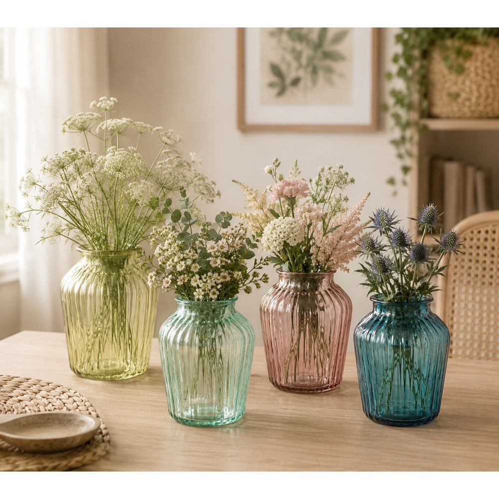 Francis Ribbed Glass Vase | Four Assorted Colours, Rounded Jar Design