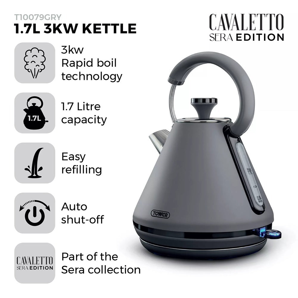 Tower Sera Grey Vintage-Style Electric Kettle with Water Window | 1.7L, 3kW