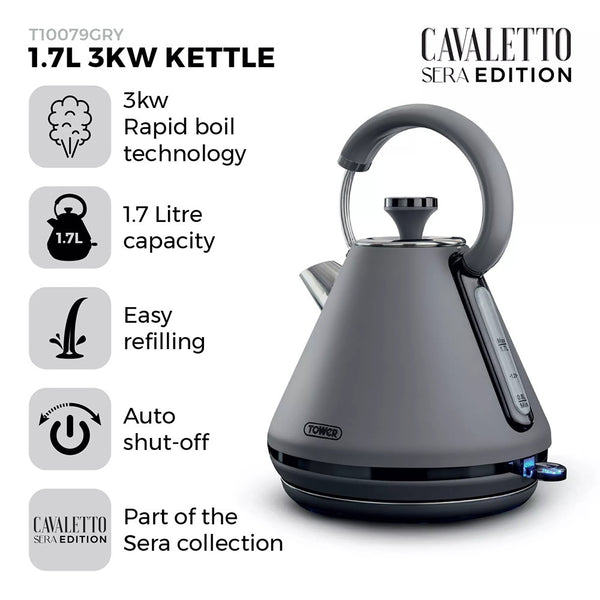 Tower Sera Grey Vintage-Style Electric Kettle with Water Window | 1.7L, 3kW