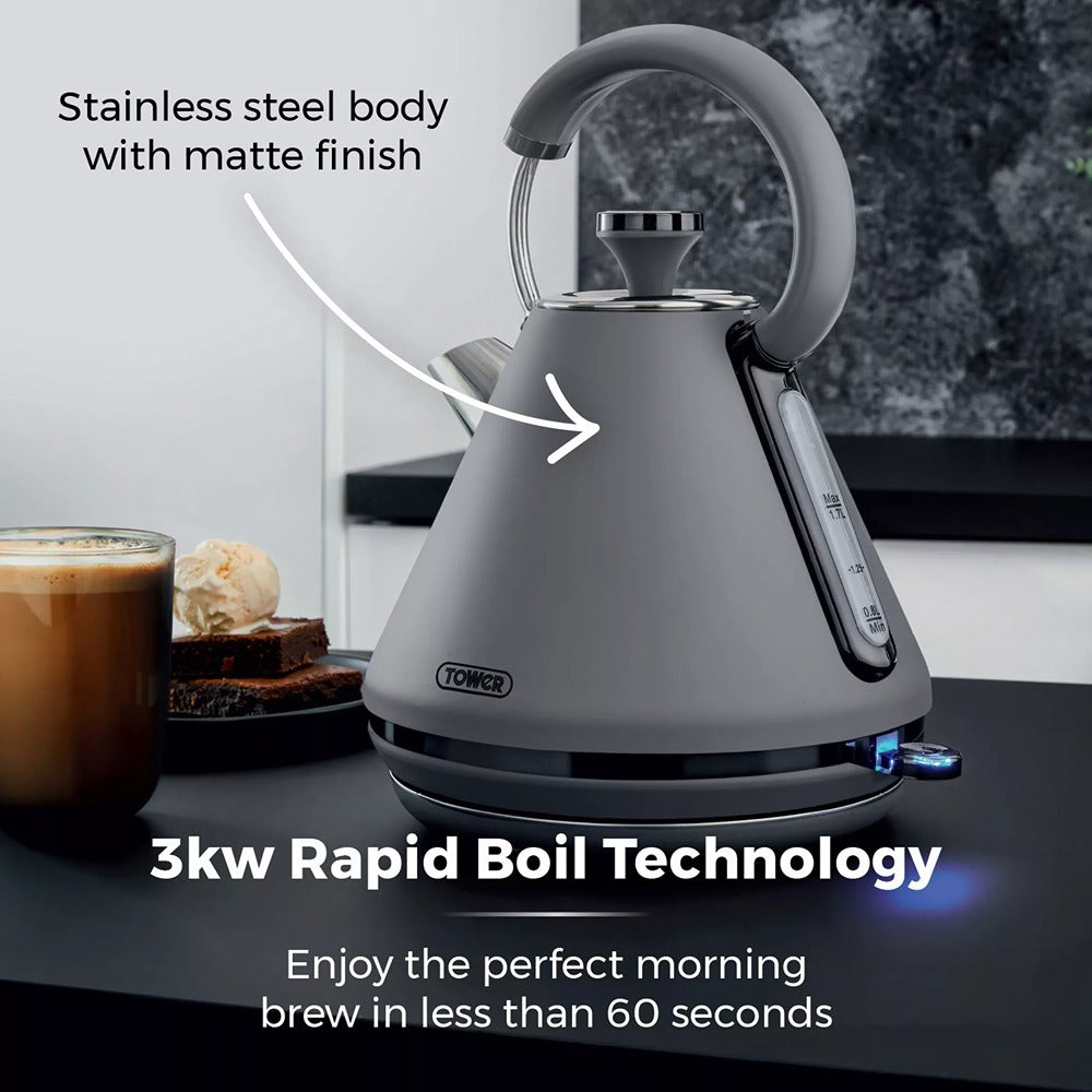 Tower Sera Grey Vintage-Style Electric Kettle with Water Window | 1.7L, 3kW