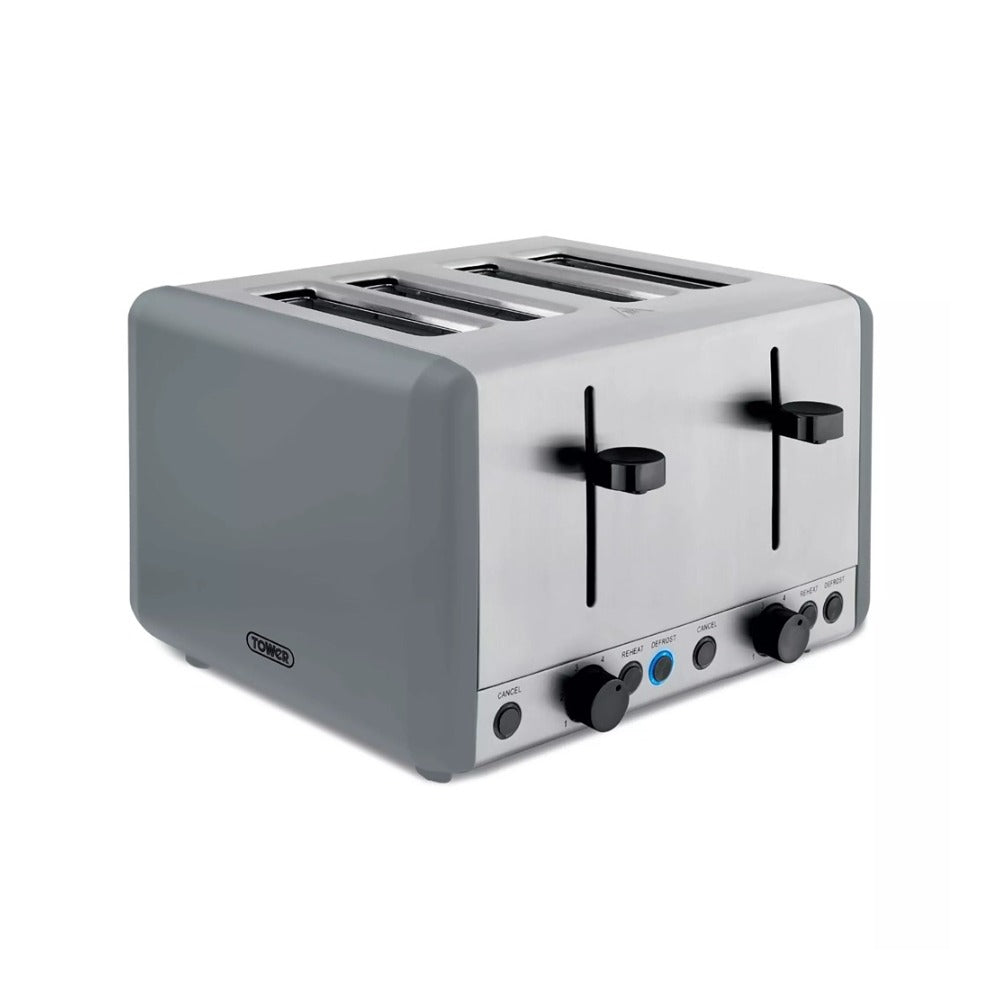 Tower Sera Four-Slice Grey Toaster | Dual Controls, Wide Slots